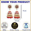Gold-Plated Red & White Kundan-Pearls studded Crescent Shaped Hand Painted Jhumka Earrings