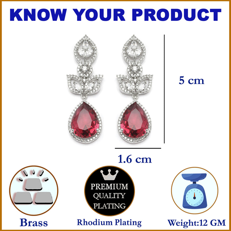 Rhodium-Plated Red American Diamond studded Teardrop & Leaf Shaped Drop Earrings