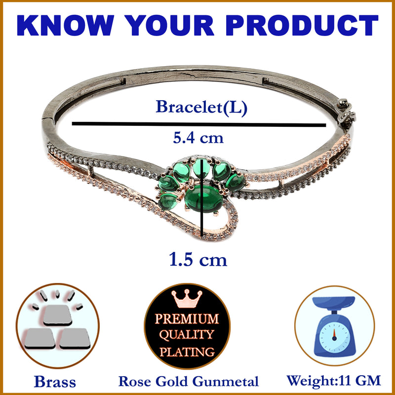 Rose Gold-Plated Black Toned Flower Shaped Emerald Green American Diamond Studded  Bracelet