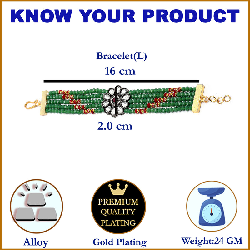 Gold-Plated Green & Red Kundan studded Multistrand Bracelet