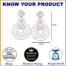 Rhodium-Plated Pink & White American Diamond studded Floral & Circular Layered Drop Earrings