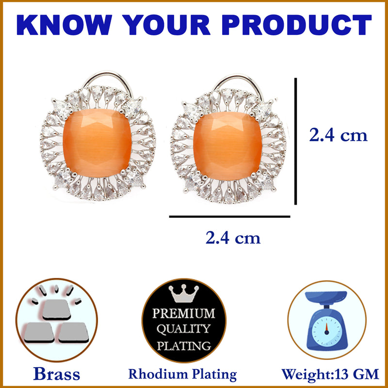 Rhodium-Plated Orange & White American Diamond studded Contemporary Round Stud Earrings