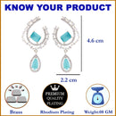 Rhodium-Plated Sea Green & White American Diamond studded Quirky Shaped Drop Earrings