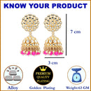 Gold-Plated Pink Kundan & White Pearls studded Flower Shaped Vilandi Jhumka Earrings