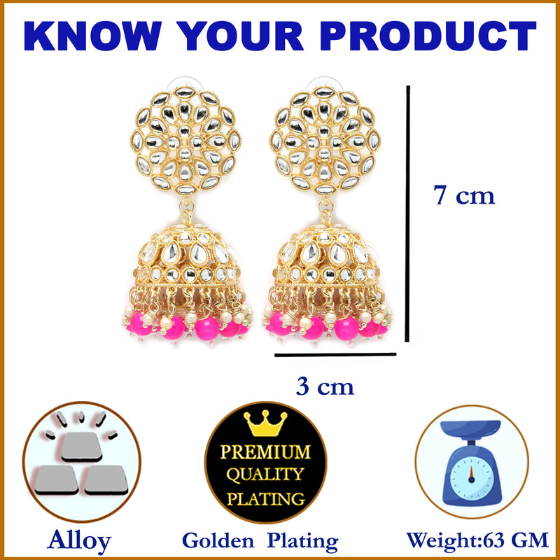 Gold-Plated Pink Kundan & White Pearls studded Flower Shaped Vilandi Jhumka Earrings