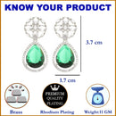 Rhodium Plated Teardrop Green American Diamond Contemporary Drop Earrings