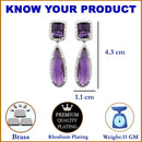 Rhodium-Plated Purple & White American Diamond studded Teardrop Shaped Drop Earrings