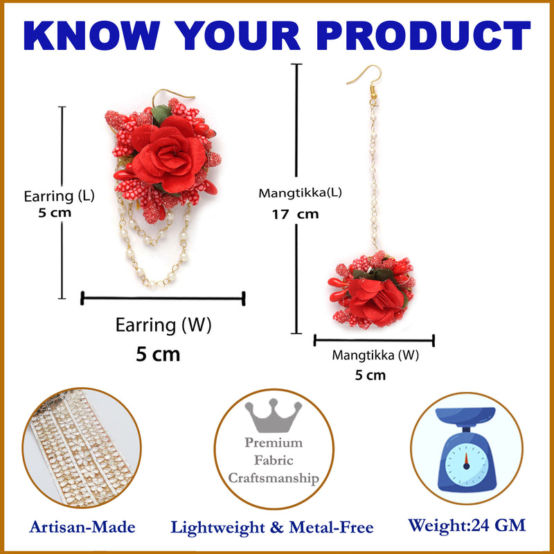 Gold-Plated Pearl Red Gota Patti Flower Maang Tikka Set