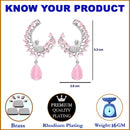 Rhodium-Plated Pink American Diamond studded Peacock & Feather Shaped Drop Earrings