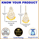 Gold-Plated Pearl Drops Orange Kundan Chandbali Maang Tikka & Earrings Set