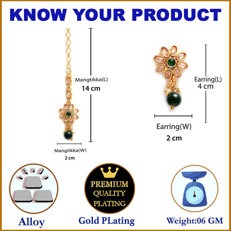 Gold-Plated Floral Green  Pearl & Kundan Studded Maang Tikka With Earring Set