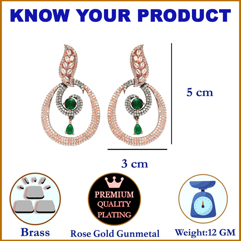 Rose Gold-Plated Gunmetal Toned Green American Diamond studded Oval Shaped Drop Earrings