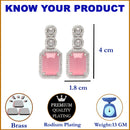 Rhodium-Plated Silver Toned Pink & White American Diamond studded Geometric Shaped Drop Earrings