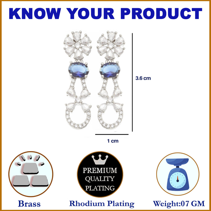 Rhodium-Plated Navy Blue American Diamond studded Floral Shaped Drop Earrings