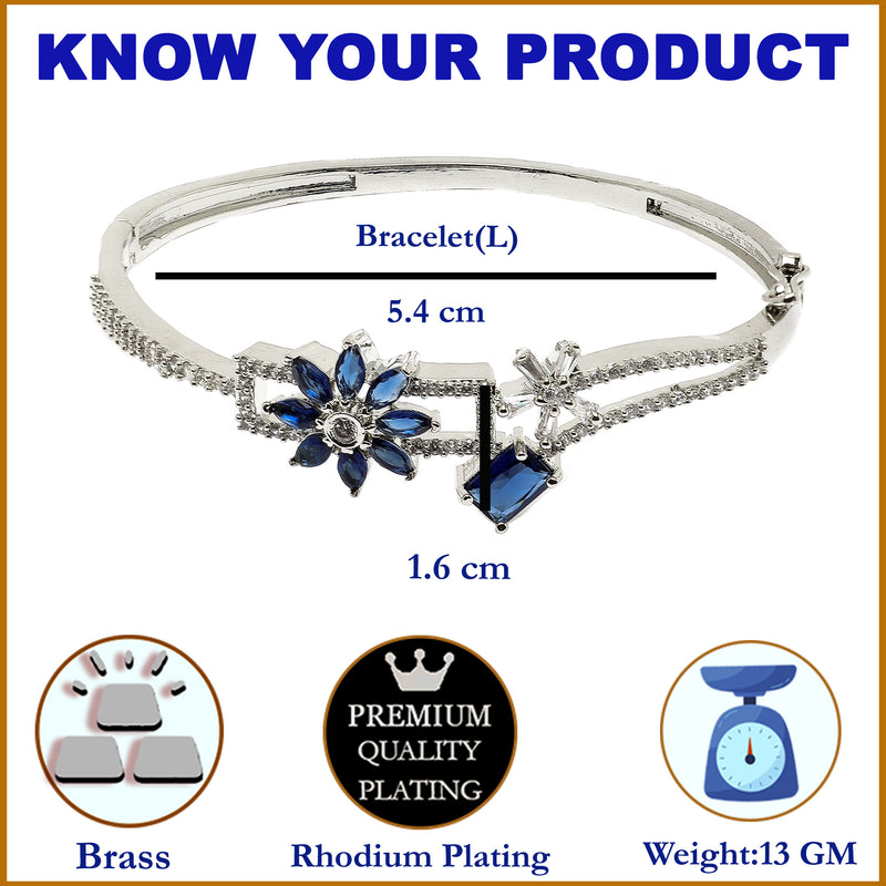 Rhodium-Plated Navy Blue Flower & Square Shape American Diamond Studded Kada Bracelet