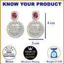 Red American Diamond Studded Geometric Shaped Rhodium-Plated with Silver-Tone Drop Earrings