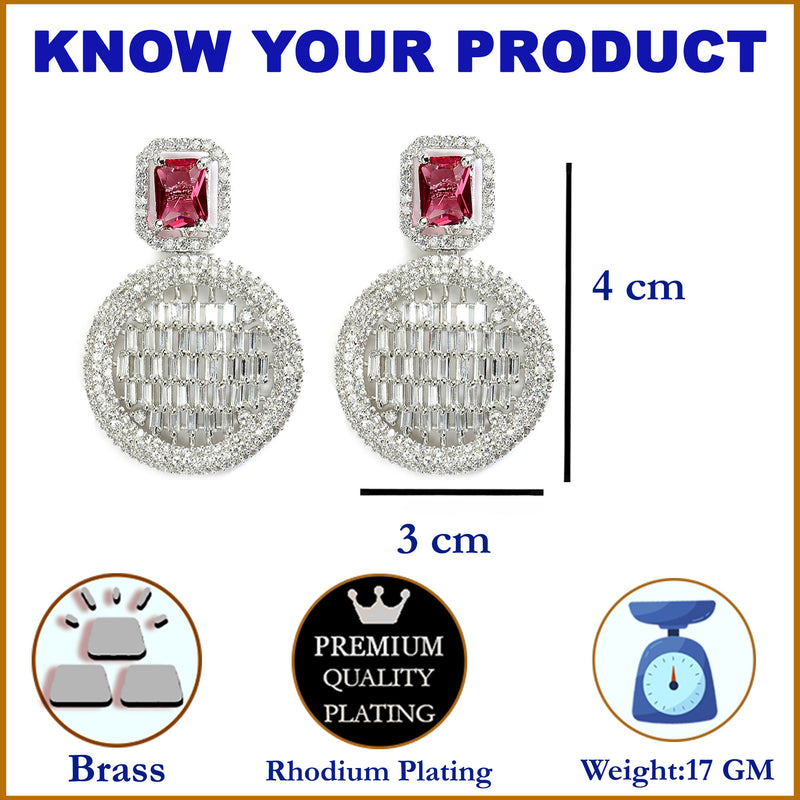 Red American Diamond Studded Geometric Shaped Rhodium-Plated with Silver-Tone Drop Earrings