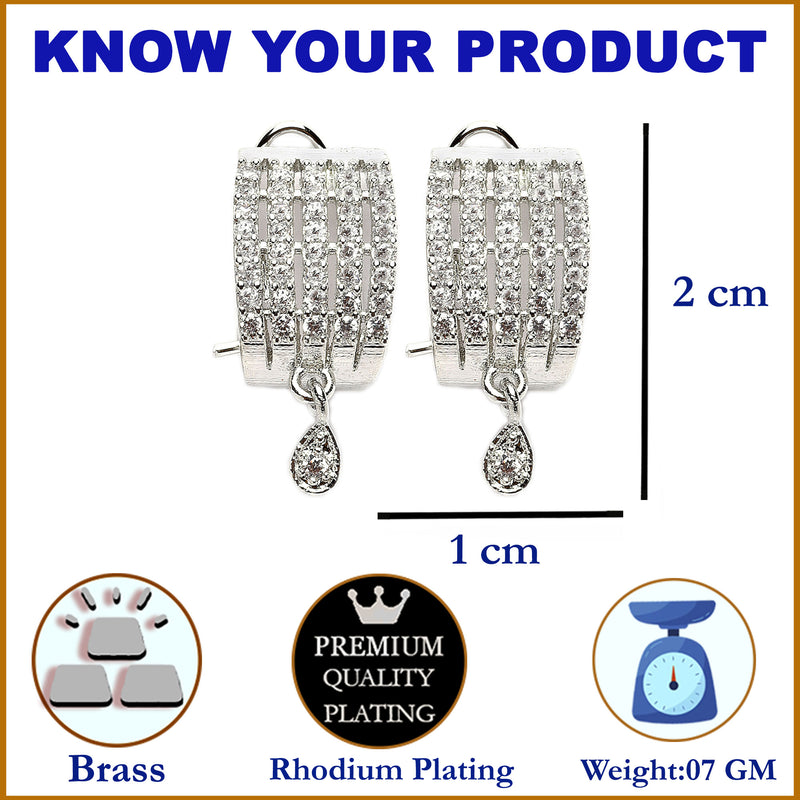 Rhodium-Plated Silver Toned White American Diamond studded Teardrop Shaped Studs Earrings