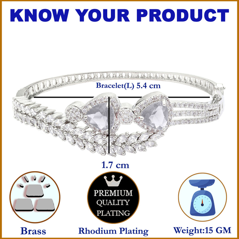 Rhodium-Plated Silver Toned Teardrop & Leaf Shaped Grey American Diamond Studded Bracelet