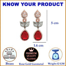 Rose Gold-Plated Gunmetal Toned Red American Diamond studded Teardrop & Leaf Shaped Drop Earrings