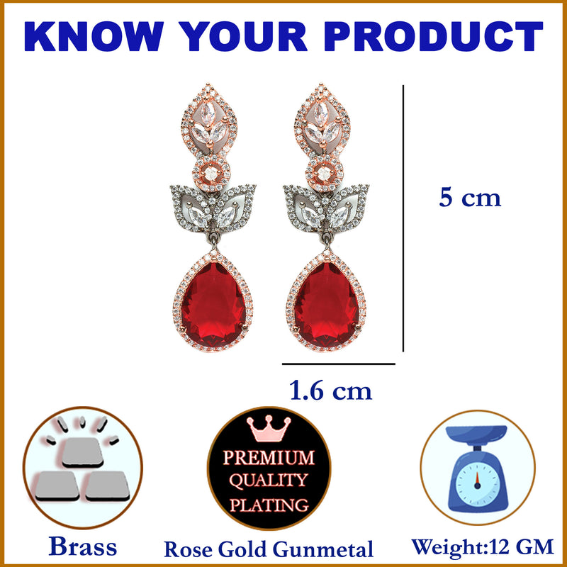 Rose Gold-Plated Gunmetal Toned Red American Diamond studded Teardrop & Leaf Shaped Drop Earrings