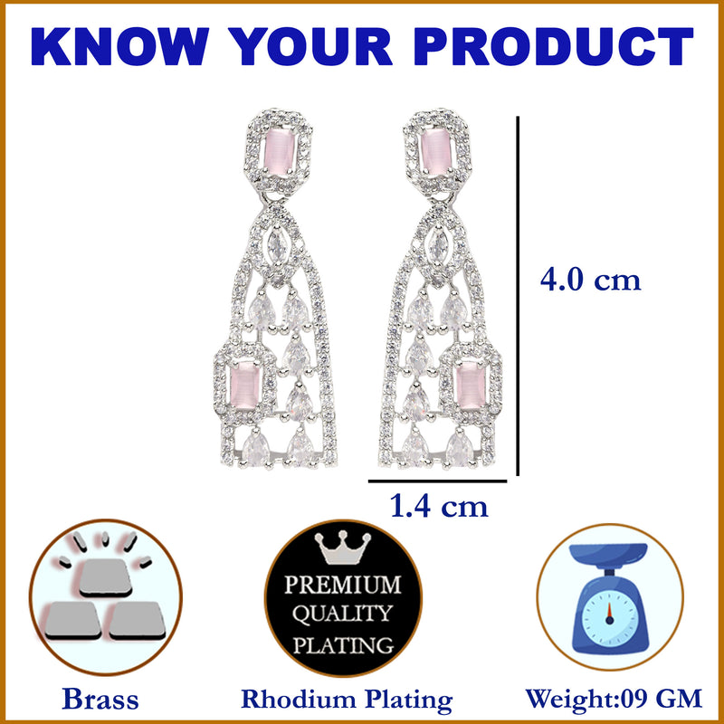 Rhodium-Plated Pink American Diamond studded Classic Drop Earrings