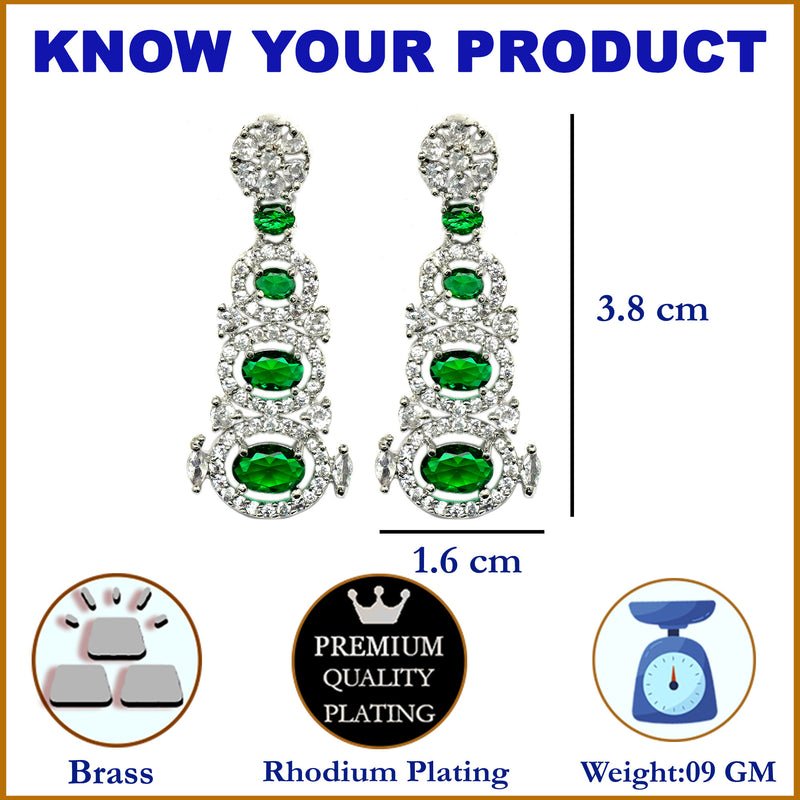 Rhodium-Plated Green American Diamond studded Quirky Shaped Drop Earrings