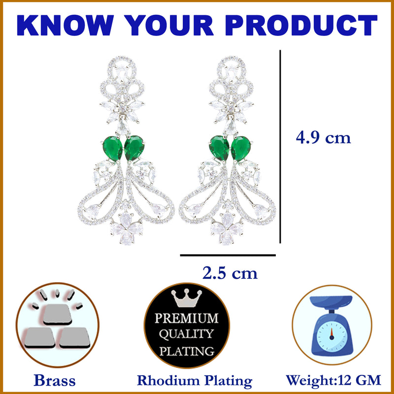 Rhodium-Plated Green & White American Diamond studded Paisley Shaped Drop Earrings