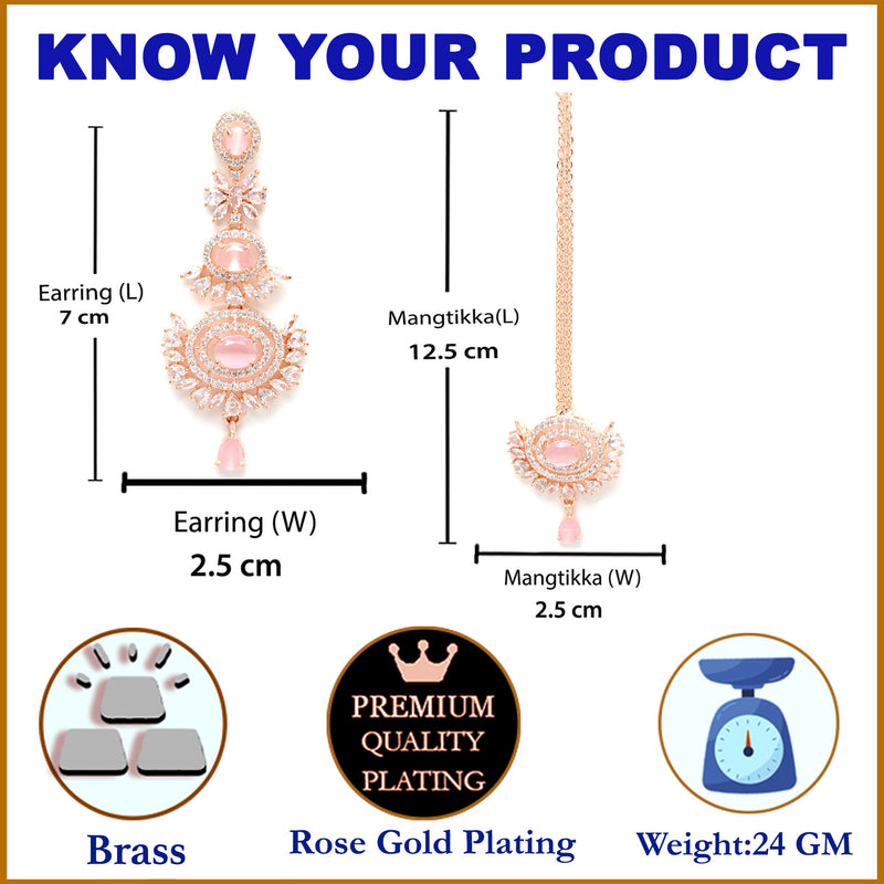 Rose Gold-Plated Pink American Diamond Studded Maang Tikka  With Earring