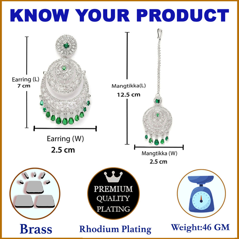 Rhodium-Plated Silver Toned Green American Diamond studded Chandbali  Maang Tikka with Earring Set