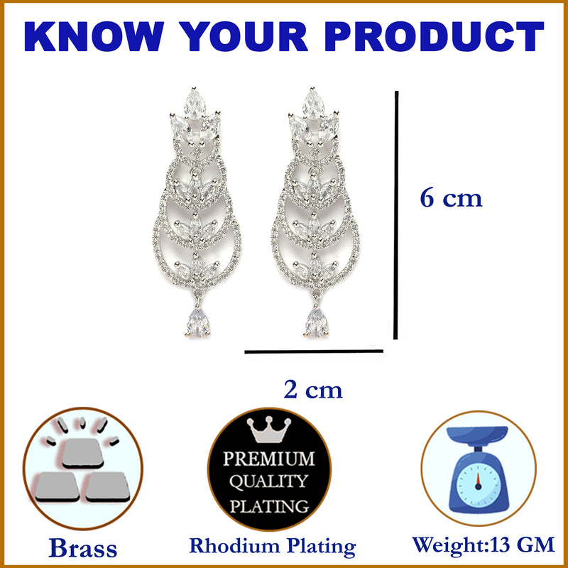 Rhodium-Plated Silver Toned White American Diamond studded Crescent Shaped Drop Earrings