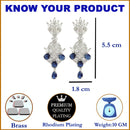 Rhodium-Plated Silver Toned Navy Blue American Diamond studded Spiked Shaped Drop Earrings