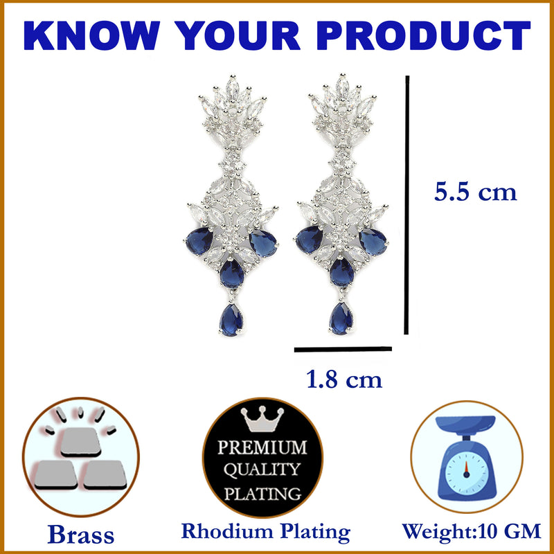Rhodium-Plated Silver Toned Navy Blue American Diamond studded Spiked Shaped Drop Earrings