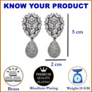 Rhodium-Plated Gunmetal Toned White American Diamond Teardrop Shaped Drop Earrings