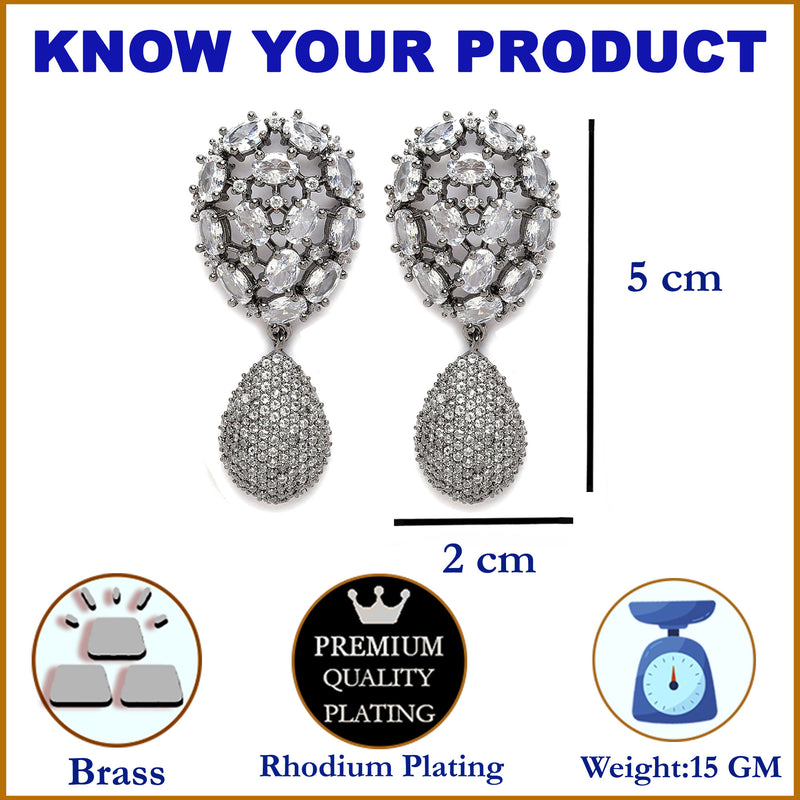 Rhodium-Plated Gunmetal Toned White American Diamond Teardrop Shaped Drop Earrings