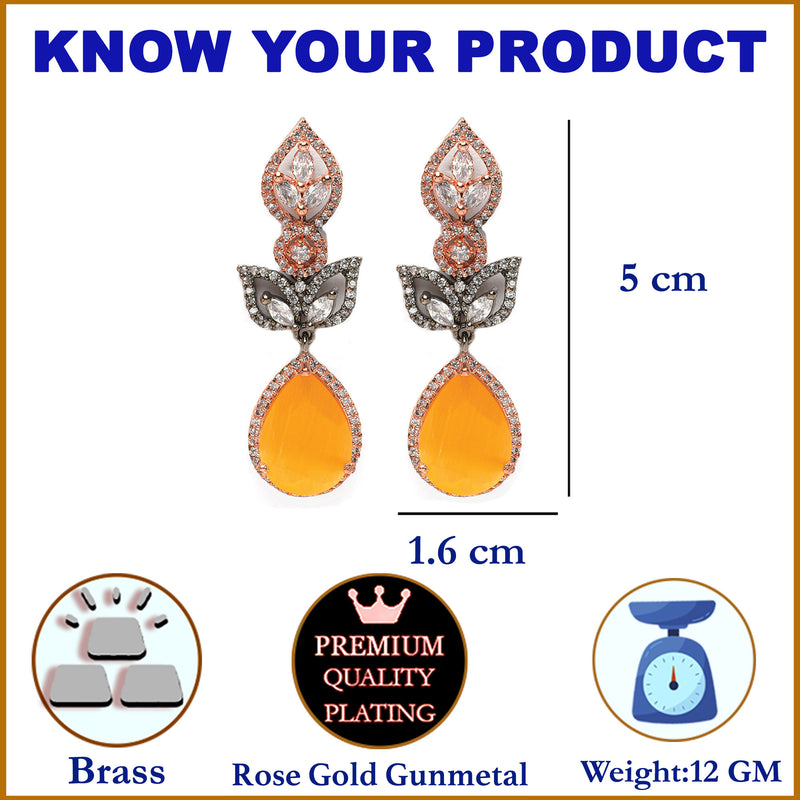 Rose Gold-Plated Gunmetal Toned Yellow American Diamond studded Teardrop & Leaf Shaped Drop Earrings