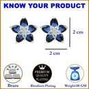 Rhodium-Plated with Silver-Toned Navy Blue American Diamond Floral Studs Earrings