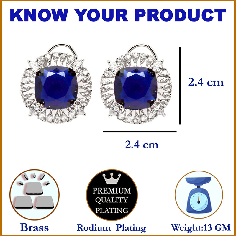 Rhodium-Plated Navy Blue & White American Diamond studded Contemporary Round Stud Earrings