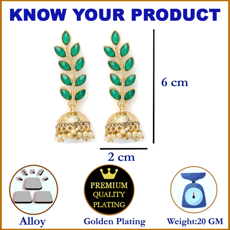 Green Antique Leaf Shaped Gold-Plated Jhumka Earrings