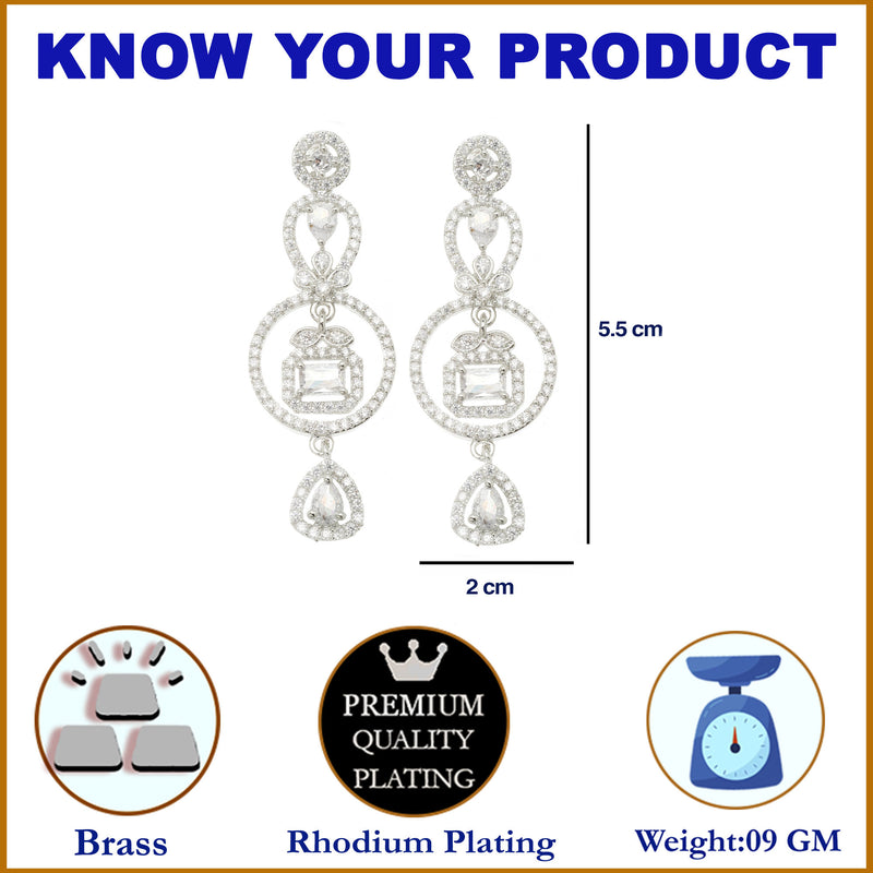 Rhodium-Plated White American Diamond studded Circular Shaped Drop Earrings