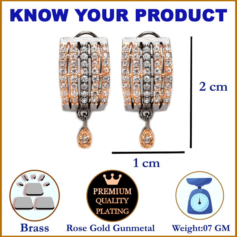 Rose Gold-Plated Gunmetal Toned White American Diamond studded Teardrop Shaped Stud Earrings