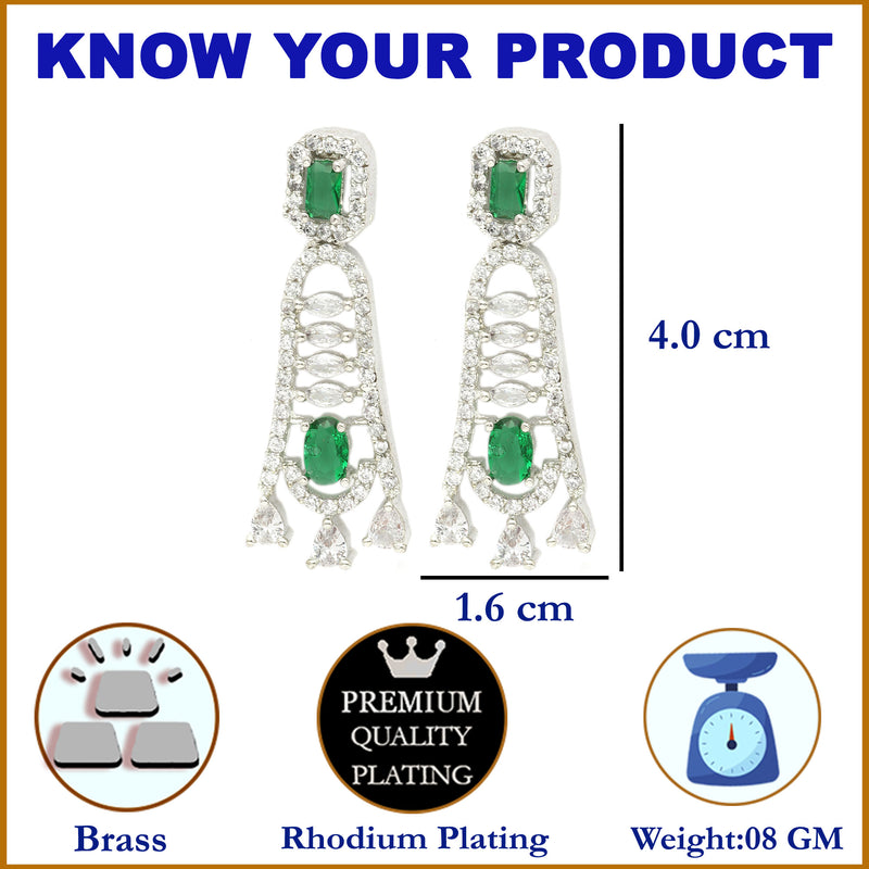 Rhodium-Plated Green American Diamond studded Classic Contemporary Drop Earrings