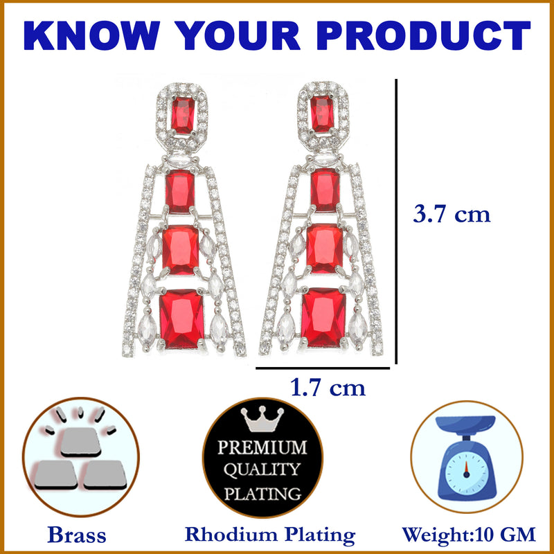 Rhodium-Plated Red American Diamond studded Contemporary Drop Earrings