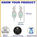 Rhodium-Plated Sea Green & White American Diamond studded Handcrafted Teardrop Shaped Drop Earrings