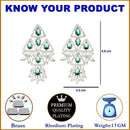 Rhodium Plated Elongated Green American Diamond Contemporary Long Drop Earrings
