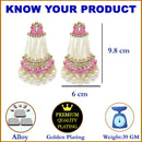 Gold-Plated White Pearls studded & Pink Enamelled Floral Shaped Drop Earrings