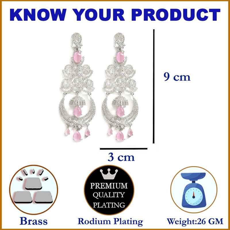 Pink & White Rhodium-Plated with Silver-Tone American Diamond Chandelier Earrings