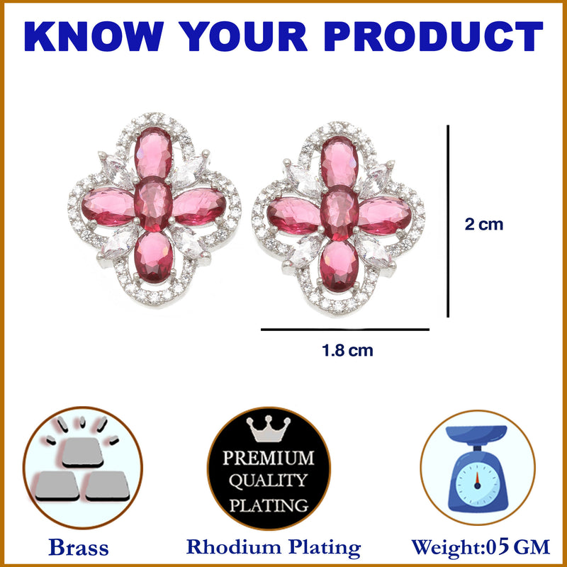 Rhodium-Plated Red American Diamond studded Floral Shaped Stud Earrings
