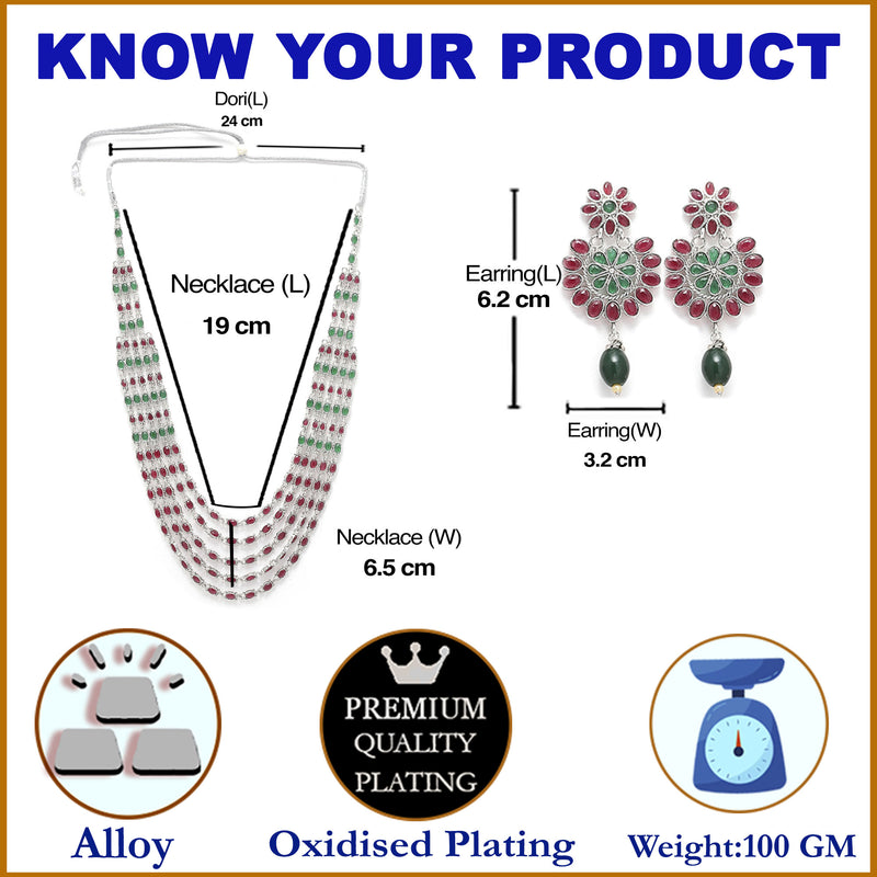 Rhodium-Plated with Silver-Tone Green & Red Kundan-Studded Layered Jewellery Set