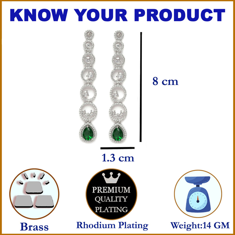 Rhodium-Plated Silver Toned Green & White American Diamond studded Circular Shaped Drop Earrings
